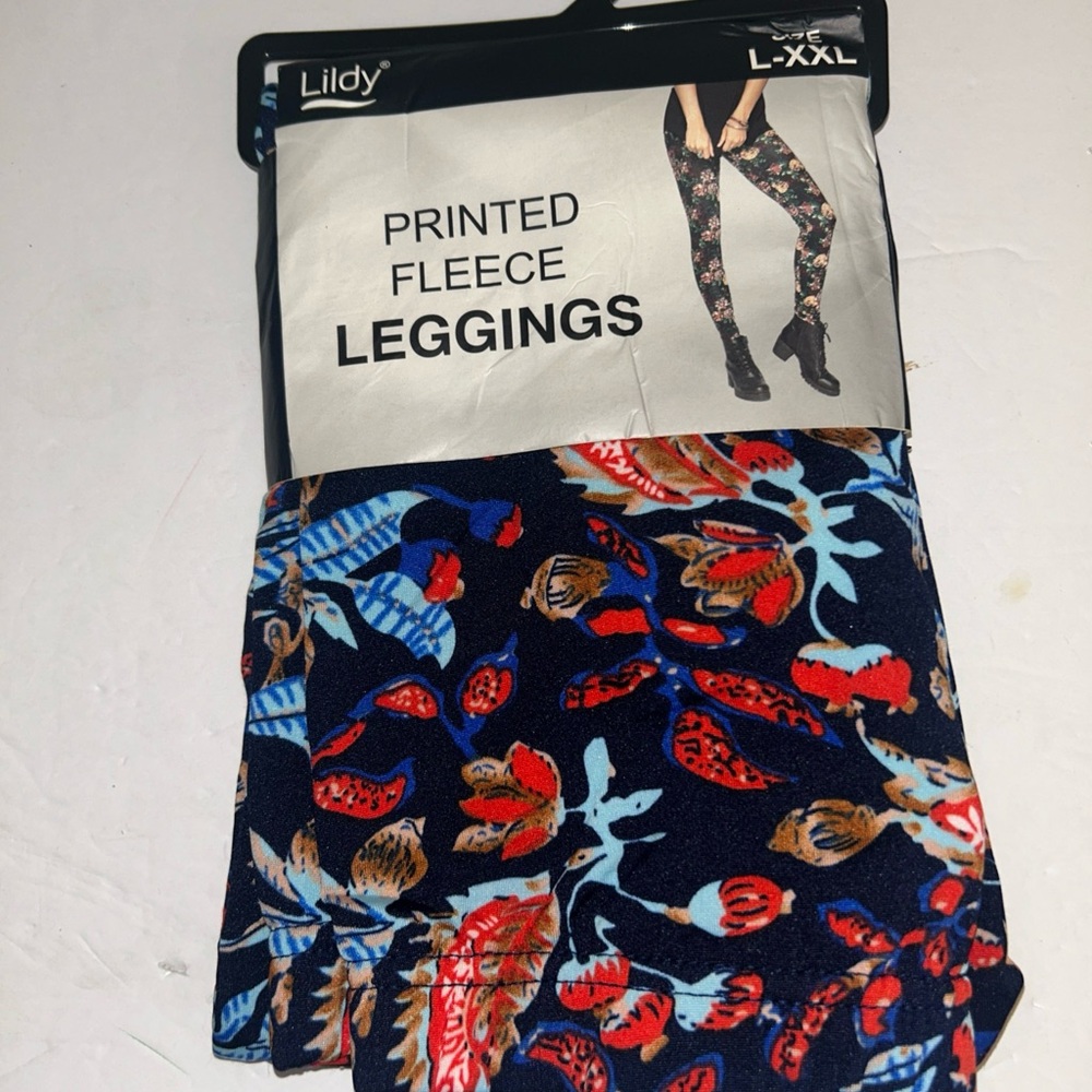 Lildy Women's Vibrant Floral Fleece Leggings - Blue and Red NEW L-2XL